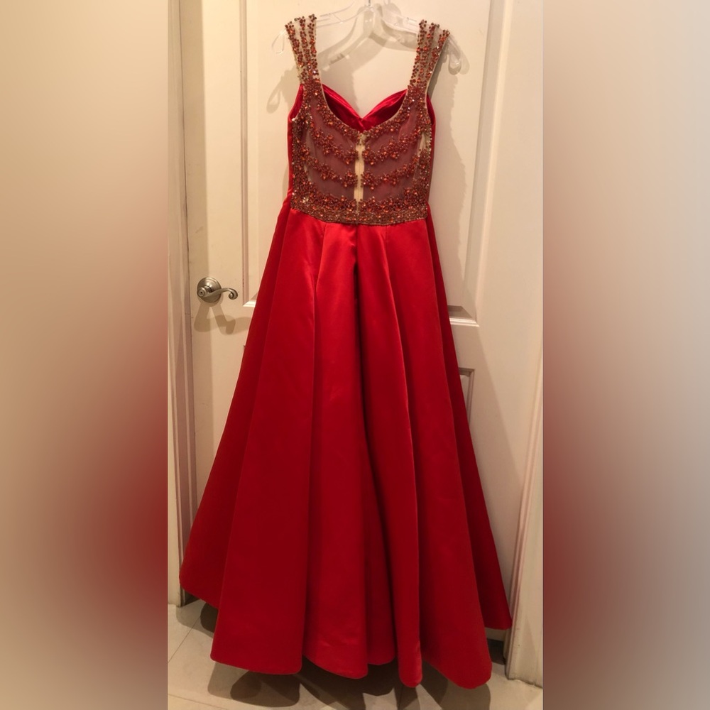 Red Long Dress BICICI & COTY Maxi A-line, beaded back/straps, wed, size S 4-6 - Picture 2 of 11